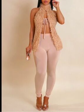 Fuzzy Tie Top and High-Waist Nude Leggings for Women - Sleek Sculpting Fit
